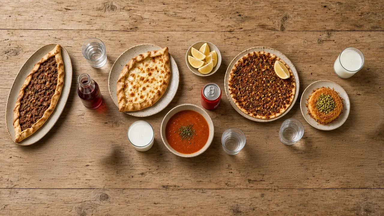 Pide, lahmacun, suppe og künefe på bordet hos Pide 2000